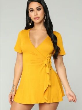 Heart Hips Mustard Yellow Wrap Mini Dress